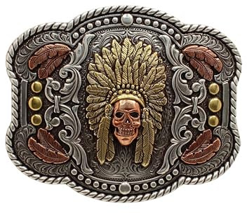 Nocona Men's Western Buckle with Feathered Headdress Motif, Copper Skull and Feathers, Rope Edge