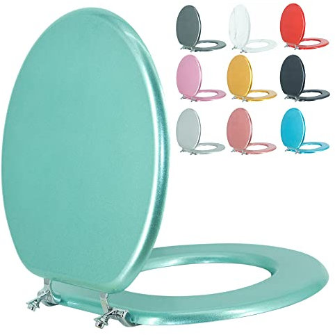BLOFDE Wooden Round Toilet Seat, Sparkling Turquoise, Modern Style, Prevents Shifting with Zinc Alloy Hinges, Easy to Install and Clean
