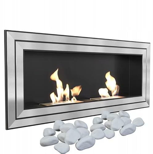 KRATKI Juliet 1500 Bioethanol Kamin Wandmontierte FeuerstelleBiobehälter 1 lTÜV-zertifizierter schwarzer und polierter Stahl 150 x 65 cm Plus 2 kg dekorativer Kieseltrichter