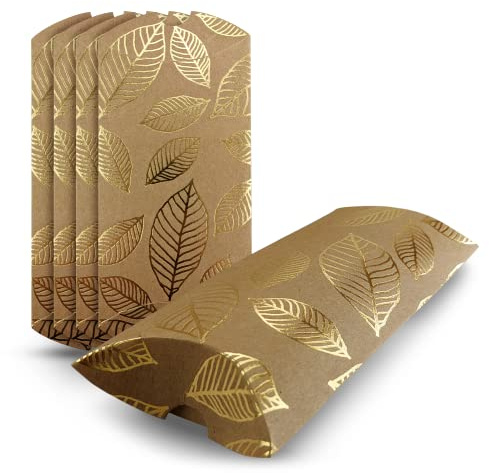 Netuno 5 x Geschenkbox Braun Kraftkarton mit goldenen Blättern 8x15 cm Faltschachtel Geschenkverpackung Box klein Geschenktüten Papier Kissenverpackung Pillow-Box Geschenkboxen Kissenboxen Fixbox