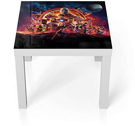 DEQORI Glastisch | weiß klein 55x55 cm | Motiv Avengers Infinity War | ausgefallener Beistelltisch aus Glas | Hochglanz Couchtisch fürs Wohnzimmer | moderner Couch Tisch mit Design