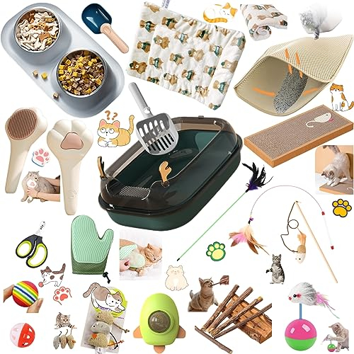 Katzen-Starter-Set für Hauskatzen, 19-teiliges Set mit Kitten Essentials Starter-Set und Kätzchen-Sachen. Enthält Katzentoilette, Spielzeug, Schalen, Pflegewerkzeuge und mehr. Perfektes
