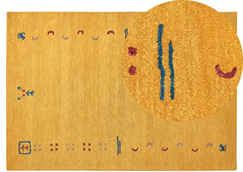 Beliani Gabbeh Teppich gelb aus Wolle 140x200 cm Hochflor mit Muster weich handgetuftet Akalan