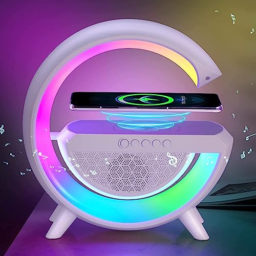 Brrnoo Atmosphärenlampe mit Kabellosem Ladegerät, LED-Tischlampe für Schlafzimmer, Wiederaufladbare Bluetooth-Lautsprecher, Tischlampe für Wohnzimmerdekoration mit 10 W Kabelloser
