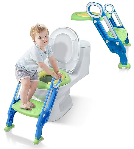 SUBTLETY Sedile WC per bambini, con scala regolabile e cuscino in poliuretano, pieghevole, per bambini da 1 a 7 anni (blu + verde)