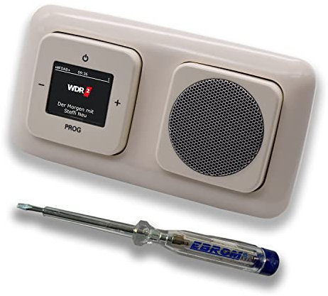 Busch Jäger DAB+ (DAB PLUS) Unterputz Radio 8215U-101 DURO2000 cremeweiß, Komplett-Set mit Lautsprecher, Abdeckungen und Rahmen + EBROM Phasenprüfer zur Montage der Geräte - 8215 U – 101