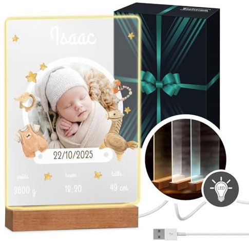 Maverton Cadre Photo personnalisé pour enfants - lampe LED avec plaque personnalisable pour les petits - souvenir pour des jeunes parents - anniversaire fille – baptême fils - bébé - affiche naissance