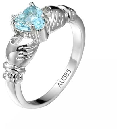 Epinki Verlobungsring 14 Karat Weiß Gold, Claddagh-Hand Hochzeitsband Antragsring mit Topas Hell Blau, Au585 Gold Eheringe Trauringe Echtschmuck, Gr.47 (15.0)