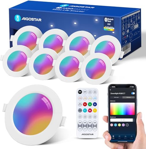 Aigostar Einbaustrahler Intelligente LED Downlight mit Fernbedienung, 6W Einbauleuchte Bluethooth Mesh, Farbe Einstellbar und Weißes Licht 2700K-6500K, Kompatibel mit Alexa, Ф100-110mm, 8 Stück