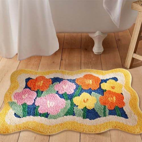 Aldopein Boho-Badematte mit Blumenmuster, 50,8 cm B x 81,3 cm L, rutschfest, waschbar, niedlich, bunt, Gänseblümchen, Badezimmerteppich, wasserabsorbierend, lebendig, flauschig, zottelig, Mikrofaser,