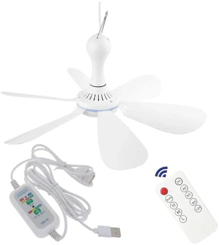 carrub Ventilador de techo silencioso de 6 hojas alimentado por USB con control remoto, temporizador de 4 velocidades, ventilador colgante para camping, cama o dormitorio