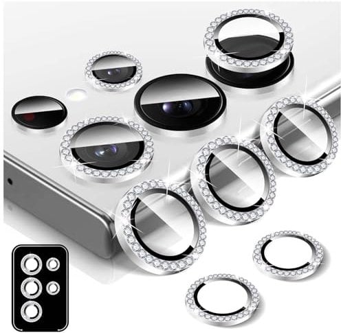 Kucheed Diamond Camera Lens Protector for Samsung Galaxy S22 Ultra, 9H Tempered Glass Back Camera Cover Screen Protector, Bling Anti-Scratch Individual Aluminum Metal Protective Ring