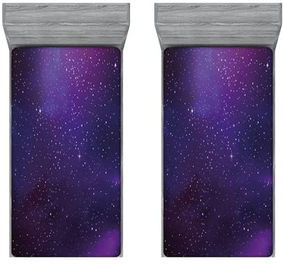 ABAKUHAUS Himmel Spannbettlaken-Set, Galaxy Themed Nebelfleck-Stern, Bettbezug mit Rundum-Gummizug tiefer Einschub 2 Stück, 90cm x 200cm, Schwarz Lila