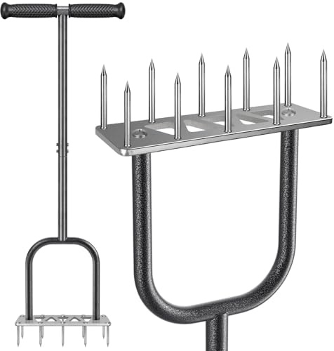 BeneLabel Rasenlüfter Spike, Manuell Rasen Belüfter Gardena Aerifiziergabel Gras Rasenspecht Rasenlocher mit Langstiel Bodenbelüften Werkzeug 10 Spikes mit rutschfest T-Griff für Rasenpflege/Silber