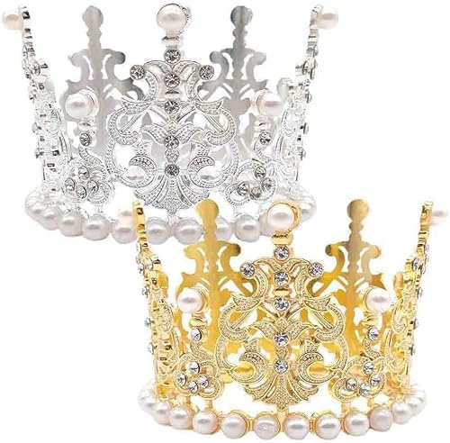 2 Stücke Silber&Gold Kuchen Top Perle Prinzessin Krone Dekoration Kleine Krönchen Tortenaufsatz Mini Tiara Perle Krone für KinderGeburtstag Party Thema Geburtstagsfeier Jubiläum