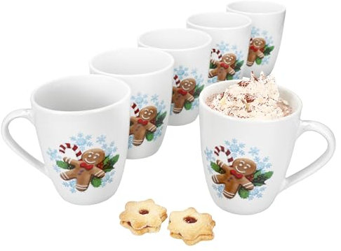 MamboCat Candyman Lot de 6 tasses à café, 320 ml, en porcelaine, avec anse et décor de Noël bleu glacé pour 6 personnes, pour vin chaud, cacao, latte macchiato, etc
