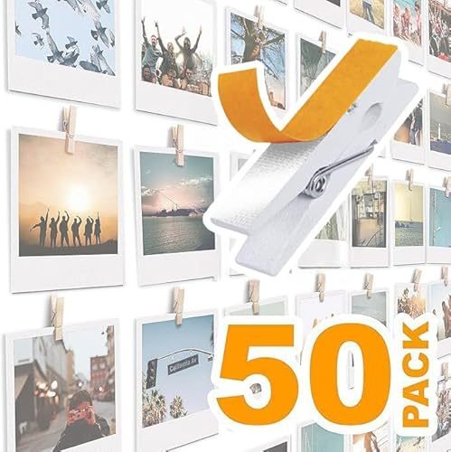 Selbstklebende Mini-Klammern für Bilder – weiße Holz-Clip-Fotohalter für Wand, Posteraufhänger, Fotokarten, hängende Anzeigetafel und Bildtafeln, Kunstwerk-Fotohalter, Kartenraumdekoration, 50 Stück