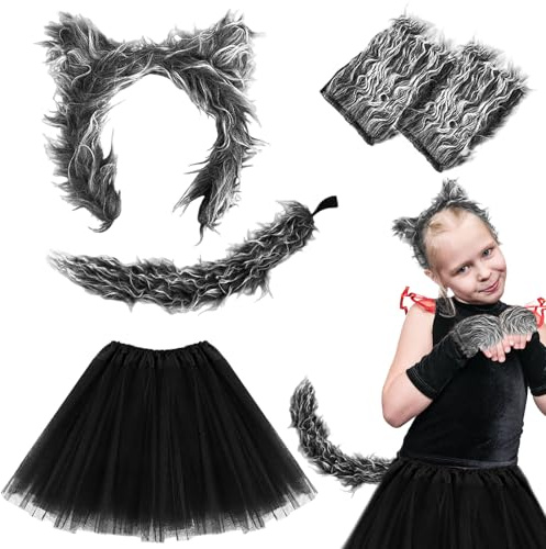 UILYNIU 5 Stück Wolf Kostüm Zubehör Set Wolf Ohren Handschuhe Wolf Schwanz Tutu Wolf Kostüm Kinder Furry Kostüm Werwolf Kostüm Zubehör für Halloween Party Cosplay
