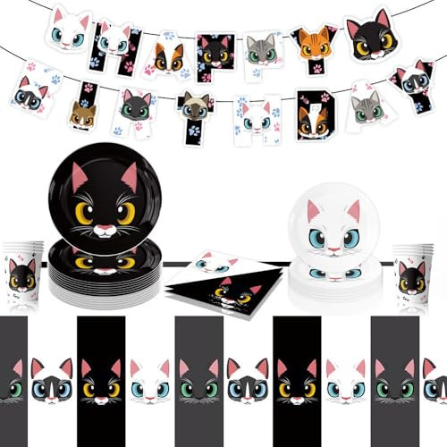 Vajilla para fiestas de gatos, decoración de cumpleaños, accesorios de fiesta de gato, juego de decoración para fiestas, vajilla para fiestas (negro blanco)