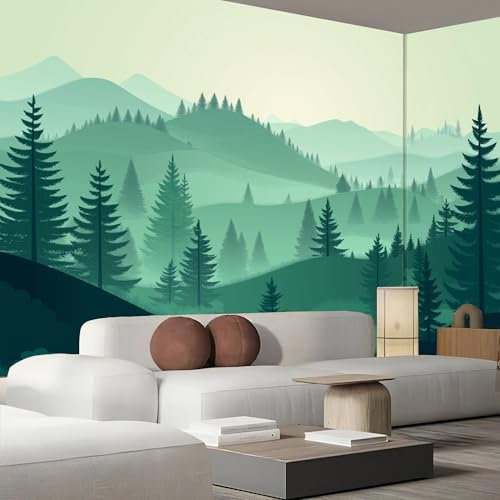 Fototapete schlafzimmer 300×210cm,Tapete Fototapeten,Grüne Berge 3D Effekt Wand Dekoration,Abstrakter Wald Wandtapete moderne Wand Wandbild Schlafzimmer Wohnzimmer
