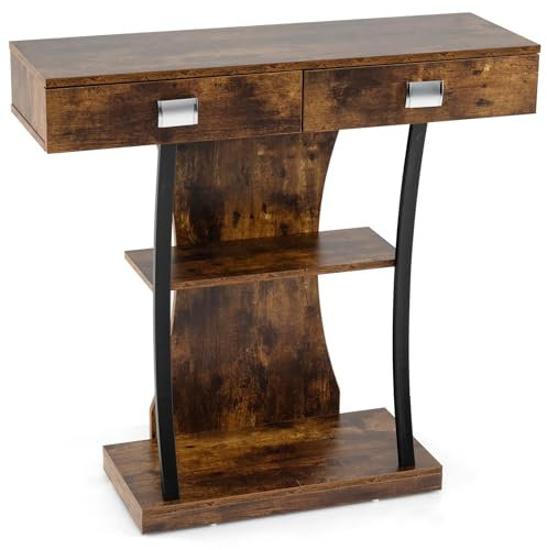 GIANTEX Table Console à 3 Niveau avec 2 Tiroirs, Console Meuble en Bois avec Anti-basculement, Cadre en Métal, Style Industrielle, Table Entrée pour Salon, Chambre, Entrée, Marron Rustique