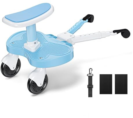 BugyKido Planche Poussette Universelle Bleu Ciel, Marche Pied Poussette Universelle avec Siège, Compatible 99% des Poussettes, Planche à Roulettes pour Enfants 2-6 Ans (25KG)