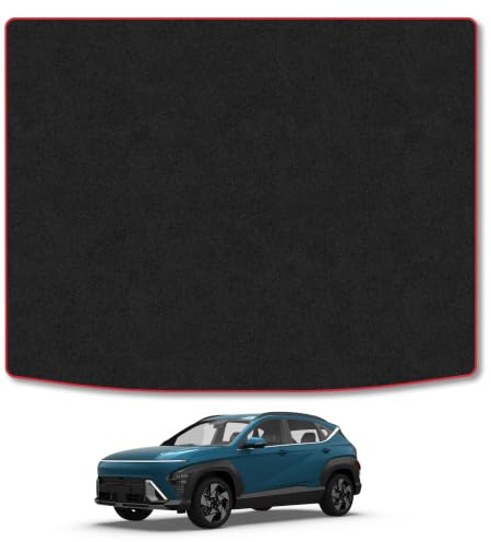 Fits Hyundai Kona (2023+) [Electric] Carpet Boot Mat | Red Edge Trim Tailored Fit Boot Liner Full Coverage Protection Accessories Easy Clean Anti Slip Made in the UK