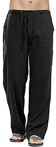 Casuayaloo Herren Leinenhosen Einfarbe – Casual Sommer Strand Yoga Lockere Gerade Beine mit Kordelzug