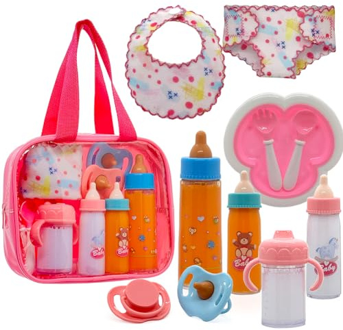 Baby Doll Accessories Magic Bottle Set - 11 Pieces Doll Feeding Pretend Playset with Vanishing Milk and Juice Bottles, Pacifier Bowl Diaper and Bib Doll Bottle Toys Set Gift for Kids, Girls in