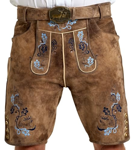 SYMPHONIE WESTERWALD Pantaloni corti da uomo in vera pelle con cintura, marrone con ricamo blu, 50