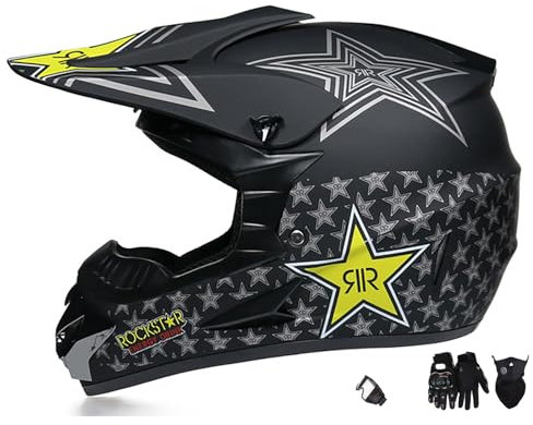 Casco De Moto Integral con Gafas, Guantes, Máscara, Unisex, Casco De Cross En ABS con Hebilla De Liberación Rápida, Ventilación Delantera/Trasera para Off-Road, ATV, Motocross,Black-XXL