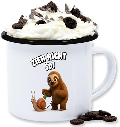 Emaille Tasse Blechtasse - Tassen - Zieh nicht so Faultier mit Schnecke I Lustiges Geschenk mit witzigen Sprüchen - 300 ml - Weiß Schwarz - geschenke schnecken spruch und zieht