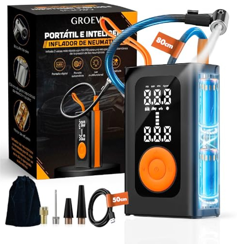 Groevi® Inflador Ruedas Coche – Compresor Aire Portátil 150 PSI Recargable USB-C, Pantalla LCD Digital, Parada Automática, Luz LED SOS de Emergencia – Kit con Accesorios para Coche, Moto y Bicicleta