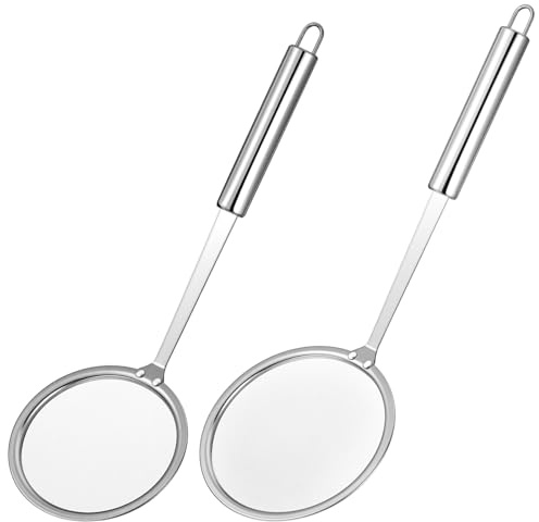 KFHENSOMR 2 Pcs Fat Skimmer Spoon, Stainless Steel Fine Mesh Food Strainer Ladle with Long Handle, Hot Pot Skimmer for Kitchen Cooking Oil Filter Floating Grease Gravy and Foam
