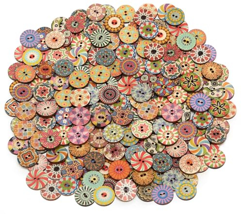 200 träknappar, sortiment av runda vintagefärgade knappar på 15 mm med 2 hål, knappar för hantverk, sömnad, kardiganer, kläder, dekoration, gör-det-själv