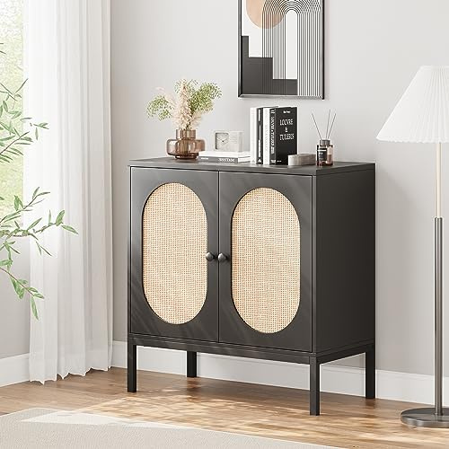 Sideboard, Küchenschrank Mit 2 Türen in Rattan-Optik, Aufbewahrungsschrank, Rattan Badezimmerschrank, Buffet Anrichte Mit Verstellbaren Regalen & Kippsicherung Für Küche, Esszimmer, Wohnzimmer,Schwarz