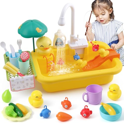 FRUSE Cucina Giocattolo per Bambini,Lavandino Giocattolo con Acqua Aggiornato,Gioco di Pesca e Accessori Cucina Bambini,Lavello Giocattolo,Giocattoli di Ruolo per ragazzi ragazze 3 4 5 6(Giallo)
