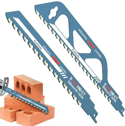 2PCS Reciprocating Saw Blades, 10 & 12 Inch Carbide Tipped Masonry Saw Blades for Concrete, Brick, Cement, Aerated Concrete Cutting, Universal Shank Fit Recip Saws, Sabre Saws, Demolition Saws