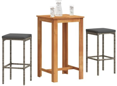 RCODSSK 3-TLG. Gartenbar-Set aus Akazienholz und Poly Rattan mit 2 Barhockern, Tisch, abnehmbaren Sitzkissen und Fußstütze in Grau