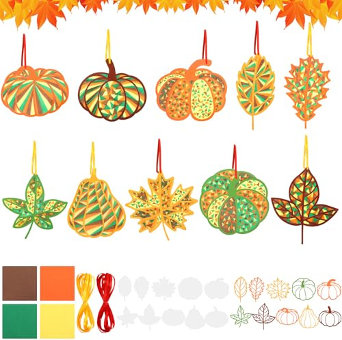 Augshy 30 Stück Fensterbilder Herbst Basteln Kinder Herbst Bastelset | 30 Vorlagen, 10 Stile, 30 Aufkleber, 500 Bunt Papier, 2 Schnur, Bastelvorlagen Fensterbilder Herbst für DIY Kinder Geschenk