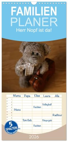 Familienplaner 2026 - Herr Nopf ist da! mit 5 Spalten (Wandkalender, 21 cm x 45 cm), CALVENDO: Aus dem Leben eines Kuscheltiers - was Teddys erleben! (CALVENDO Spass)