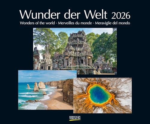 Wunder der Welt 2026: Großer Wandkalender über die Landschaft und Wahrzeichen der Erde. PhotoArt Kalender mit edlem schwarzem Hintergrund. 55 x 45,5 cm
