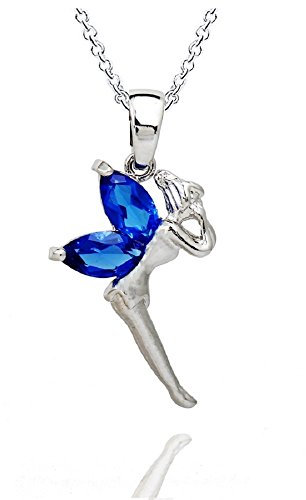 Crystalline Azuria Femme Collier avec Pendentif Fée Clochette 18ct Plaqué Or Blanc avec Cristaux Bleu imitation Saphir en Zircone
