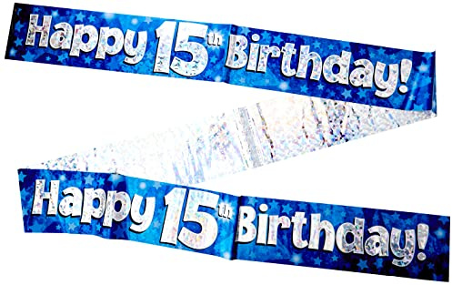 9ft Banner Happy 15th Birthday Blue Holographic