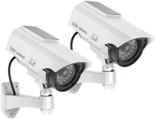 com-four® 2X Kamera Attrappe für Außen - Dummy Kamera mit Wandhalterung - Solar-Sicherheitskamera mit LED für das Haus - Überwachungskamera-Attrappe (02 Stück)