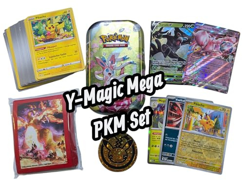 Y-Magic Mega 62 Karten Set mit Sleeves - Münze - Mini Tin - Ex und V Karte! Kompatibel Pokemon Deutsch