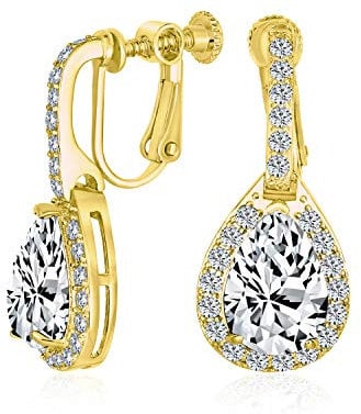 Vintage Style Halo Clear Cubic Zirconia AAA CZ Fashion Formal Dangle Drop Teardrop Screw Back Clip On Earrings For Women Prom Bridesmaid Wedding Gold Plated