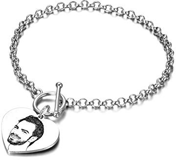 LONAGO 925 Sterling Silber Personalisierte Foto Armband Benutzerdefinierte Gravierte Bild Armband für Frauen Männer (Herz)