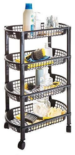 Burwells 4 Tier Kitchen Storage Cart Trolley on Wheels - Baskets for Fruit Vegetable Crisp Beauty Craft Cleaning Rack Black Plastic