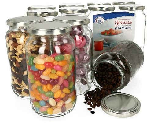 MamboCat 12er Set Einmachglas 1062 ml I Deckel in Silber I Twist-Off to 82 I Rund- / Einkochgläser I Vorratsglas I + GRATIS Rezeptheft I Glasbehälter zur Aufbewahrung